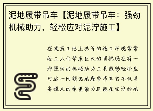 泥地履带吊车【泥地履带吊车：强劲机械助力，轻松应对泥泞施工】